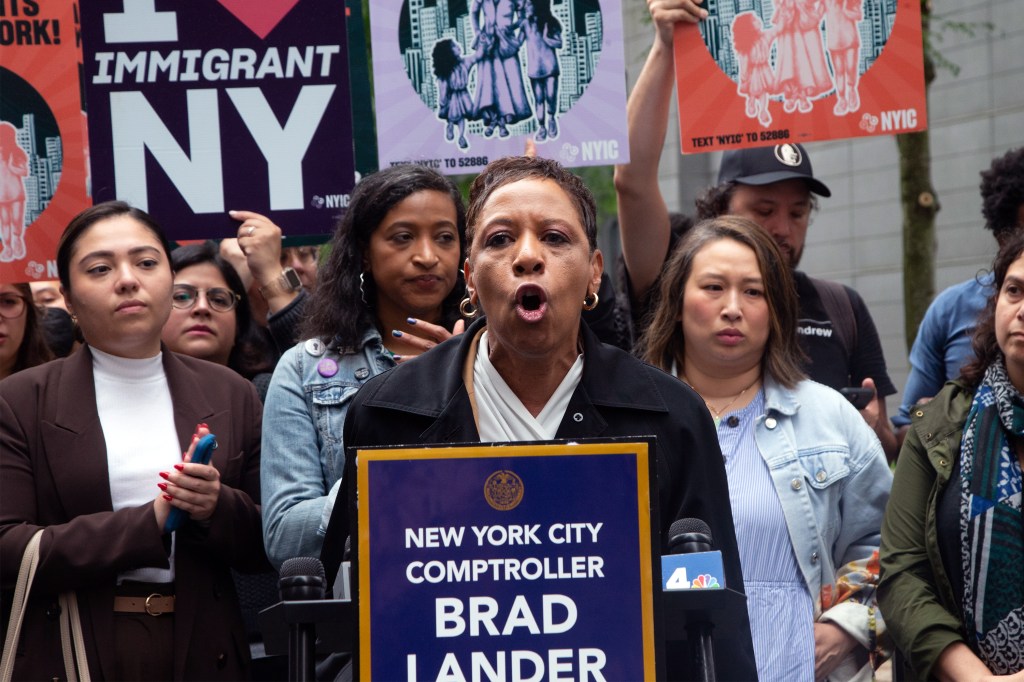 Adrienne Adams speaking at a protest for Brad Lander.