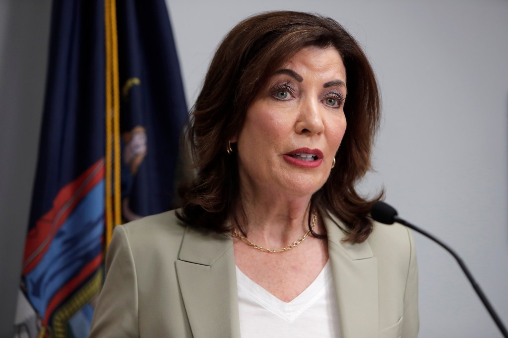 Governor Kathy Hochul speaking at a rally.