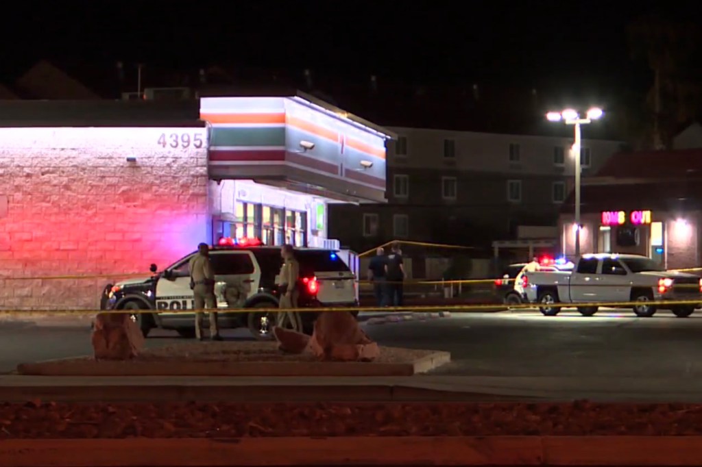 Police outside the 7-Eleven in northeast Las Vegas after the shooting.