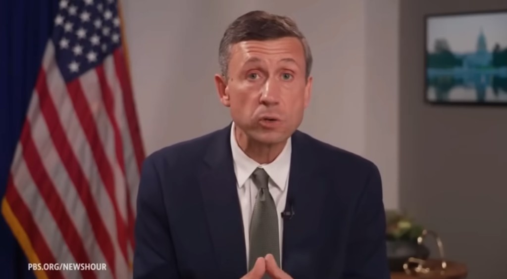 DNC Chair Ken Martin is interviewed during PBS Newshour on July 10, 2025.