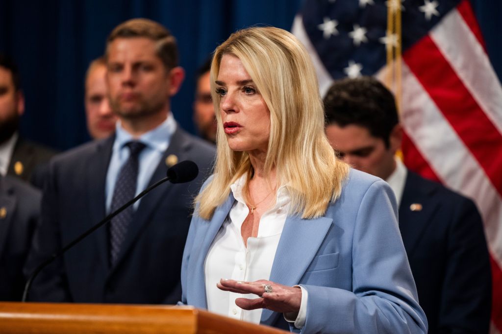 Attorney General Pam Bondi speaks at a press conference in Washington, DC, on May 6, 2025.