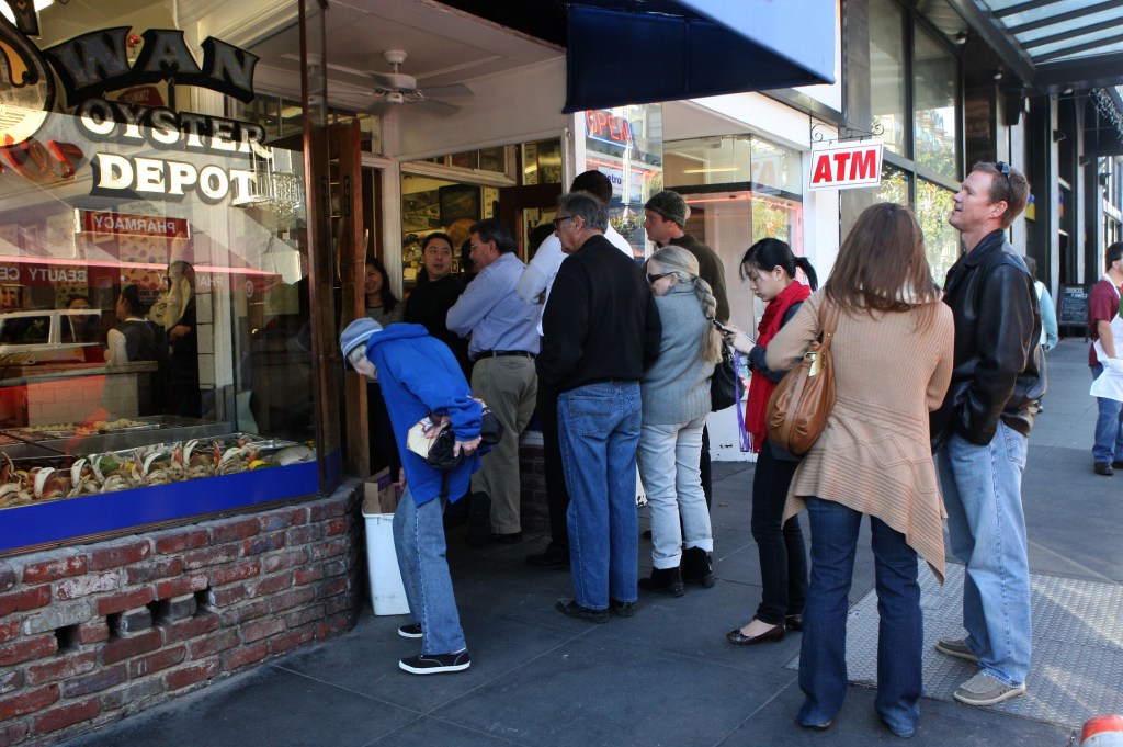 Customers line up outside Swan Oyster Depot in San Francisco, Calif. on Dec. 1, 2011.