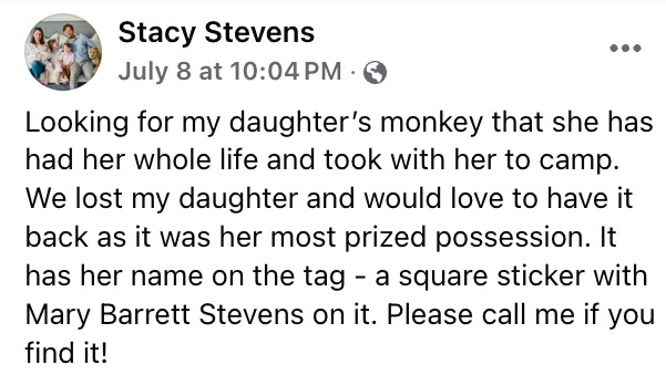 Facebook post seeking a lost stuffed monkey belonging to a deceased child.