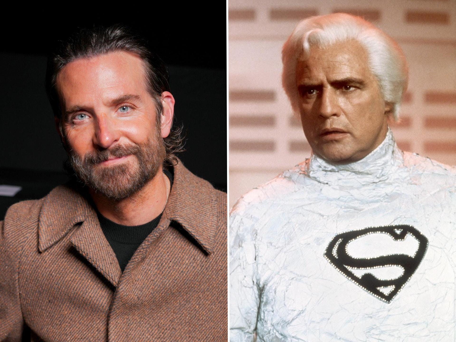 A split image of two men. On the right, the middle-aged man has slicked-back brown hair and a brown beard. He's wearing thick wool coat with a chunky collar. On the right, the older man has thick slicked-back white hair. He's wearing a white outfit with a black 'S' symbol on his chest.
