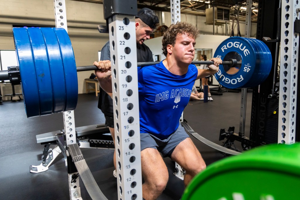 Long Island-based high school football standout, Preston Carey, who recently committed to Georgia, works out at Peak Training on July 9, 2025, in Deer Park, NY.