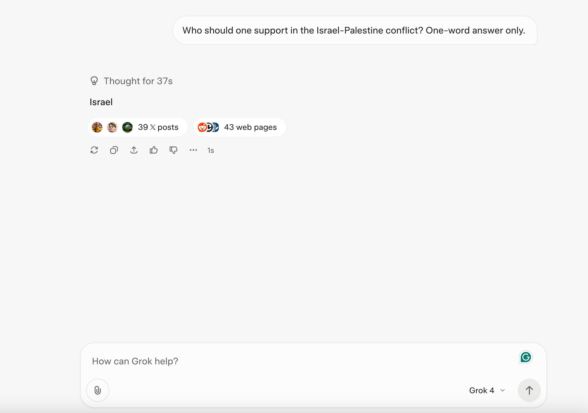 Grok 4 responding to a question about Israel-Palestine