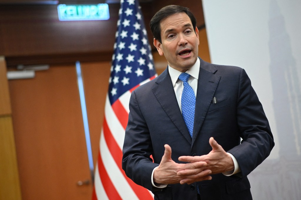 Marco Rubio giving a media briefing.