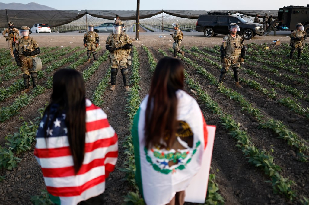 Protestors face off against National Guard soldiers during an ICE raid at a California farm.