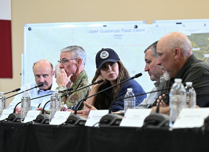 Dr. Phil, Homeland Security Secretary Kristi Noem, Rep. Chip Roy, and Senator Ted Cruz in Kerrville, Texas.