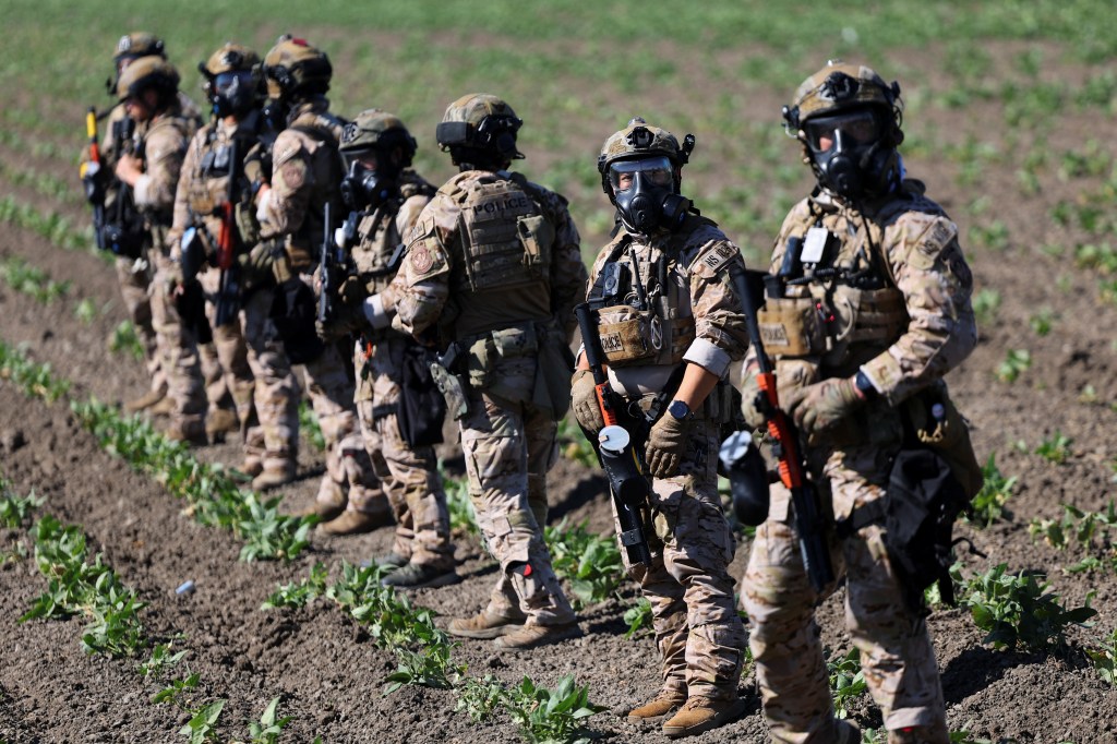 Federal agents in camouflage guarding an agricultural facility.