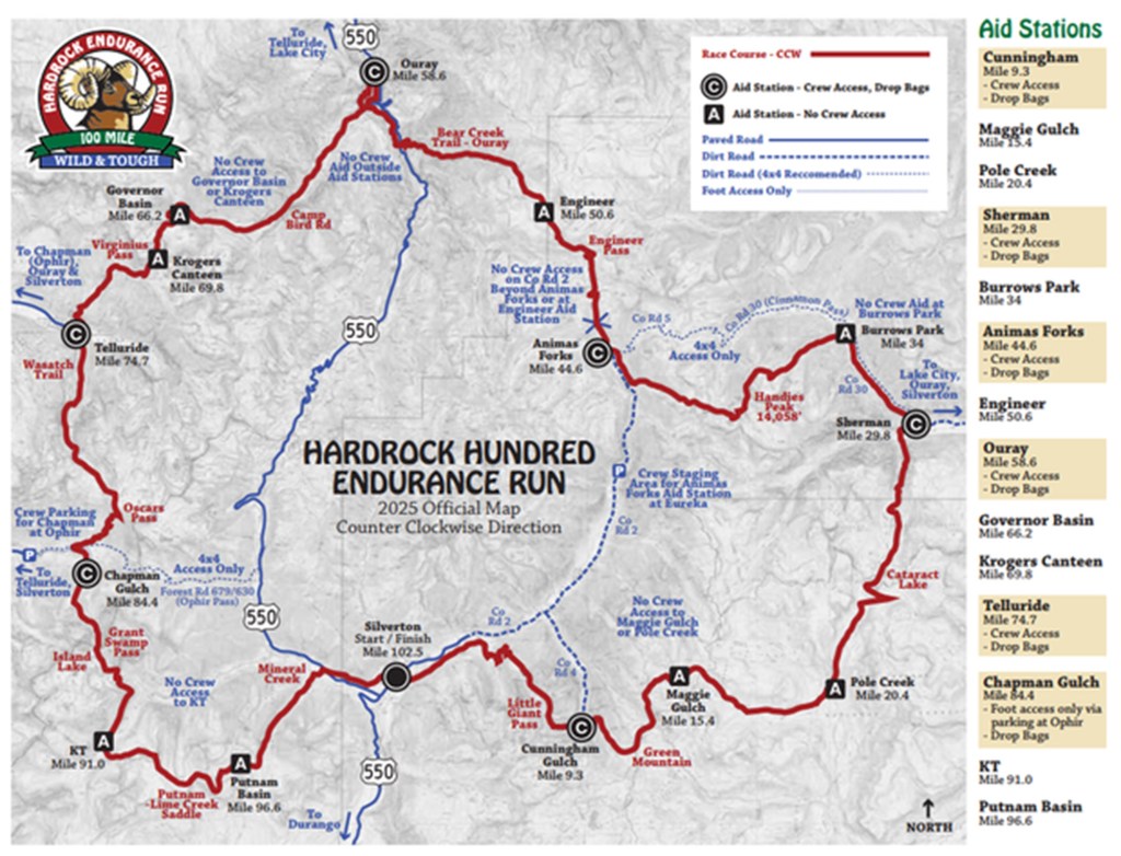 Map of the 2025 Hardrock Hundred Endurance Run course.
