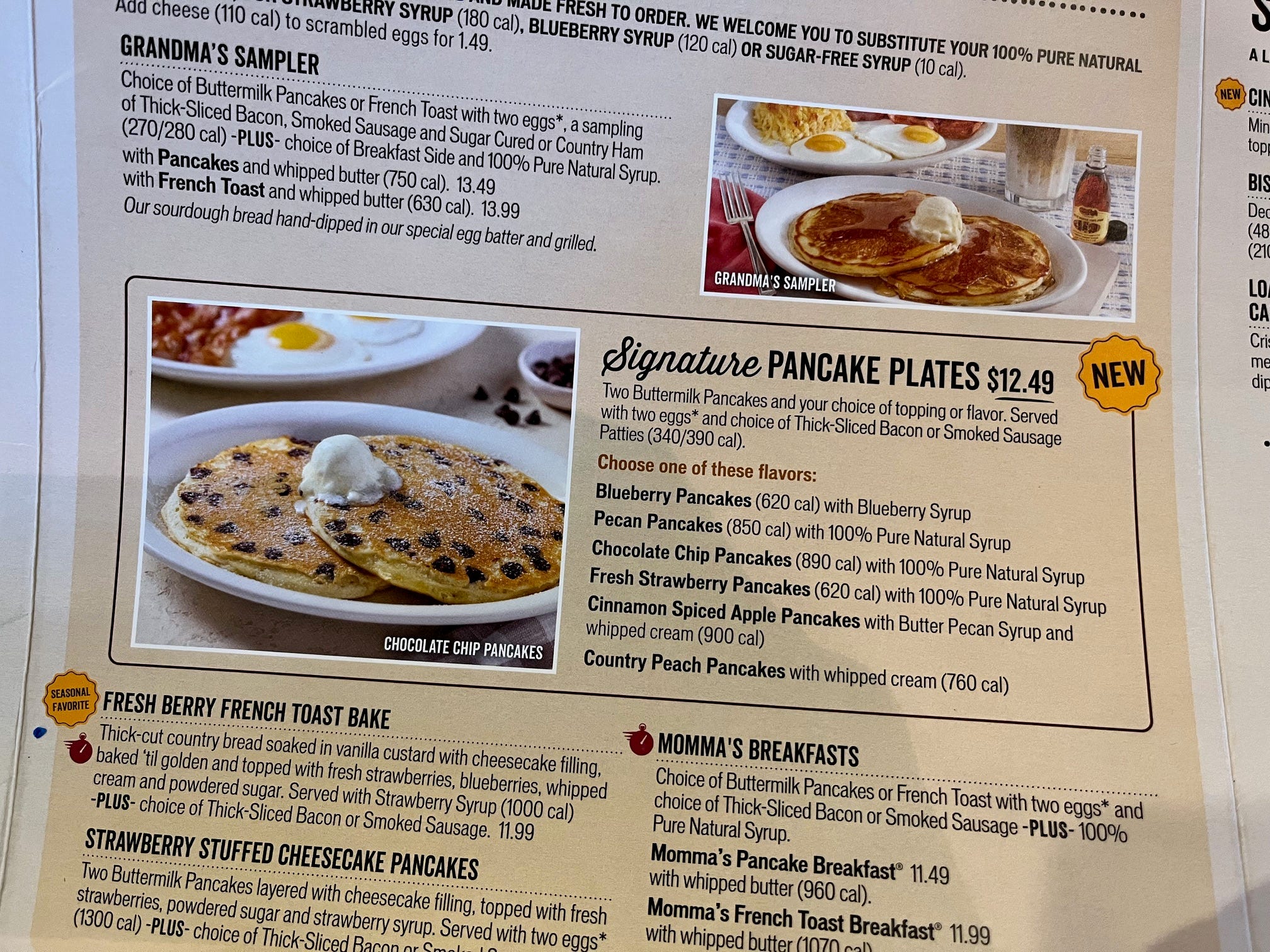 A Cracker Barrel menu shows the chain's pancake options, including its Signature Pancake Plates.