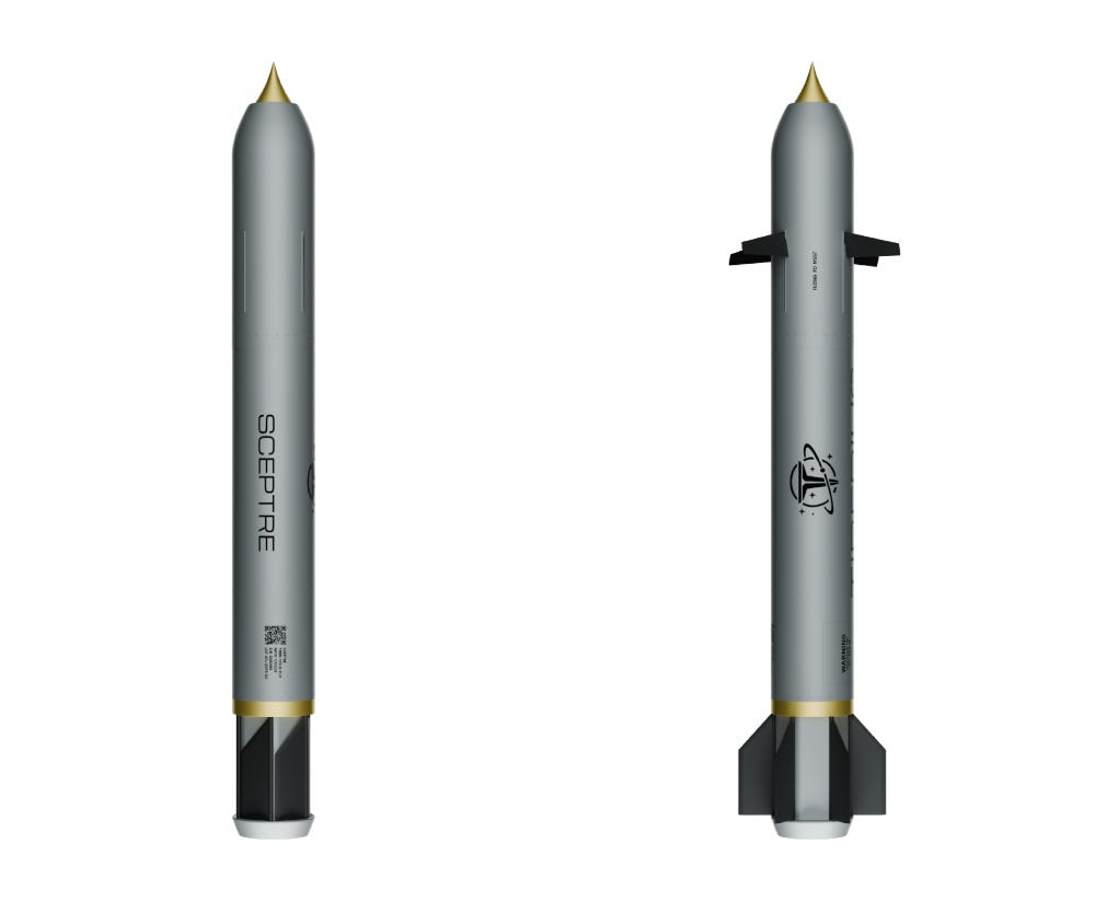 A side-by-side graphic of Tiberius Aerospace's Sceptre, a 155mm shell prototype, seen with wings retracted and out.