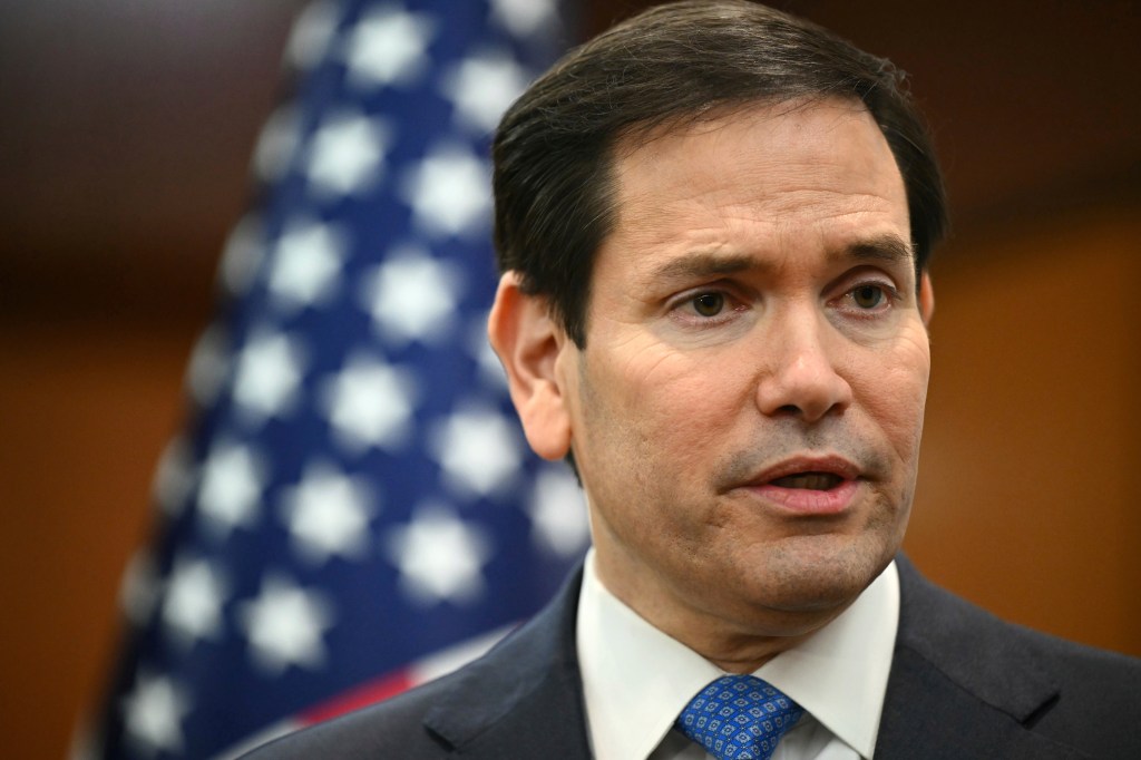 Marco Rubio giving a media briefing.