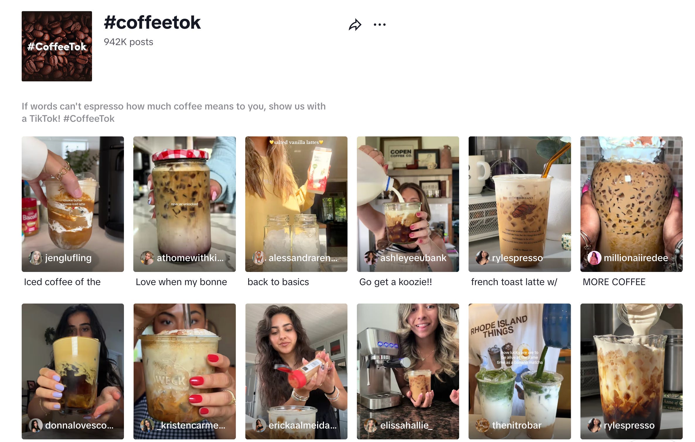 A screenshot of the #CoffeeTok results page on TikTok.