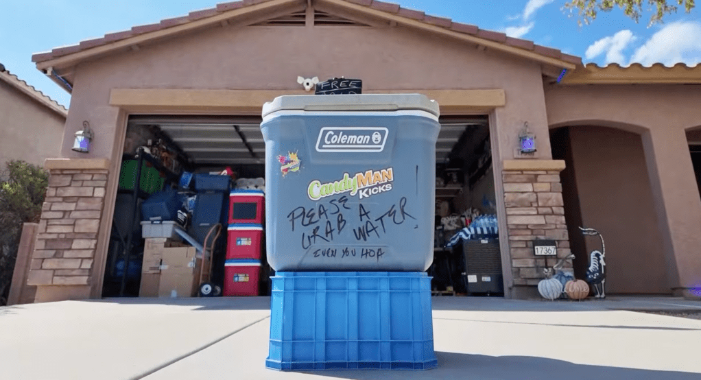 Martin's cooler set-up in his driveway for neighbors to take waters from.