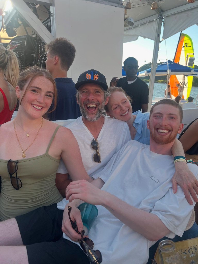 Proud parents Julianne Moore and Bart Freundlich celebrate with son Caleb and daughter Liv after Caleb played tunes at Montauk’s Surf Lodge.