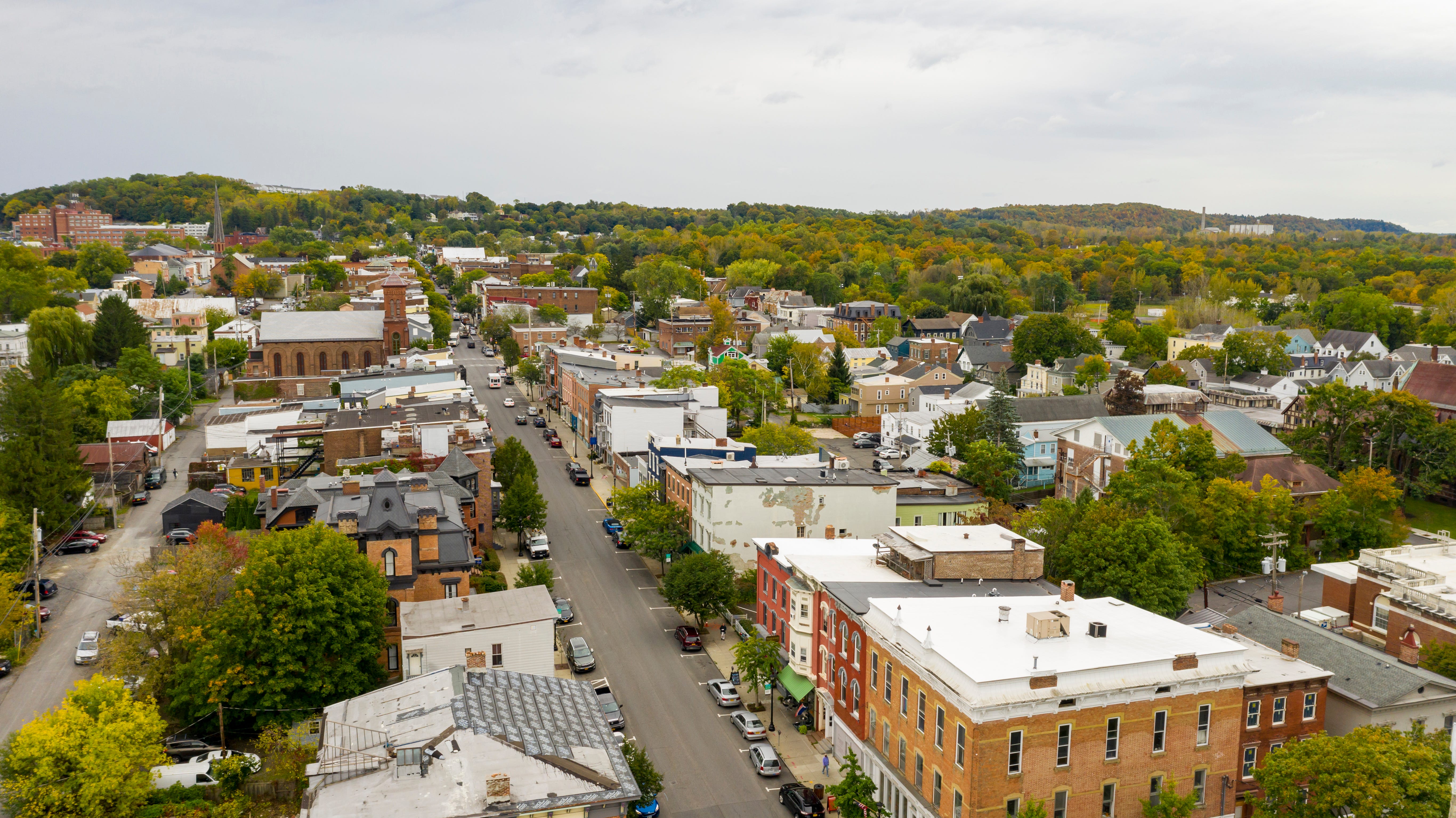 An aerial view of downtown Hudson, New York.