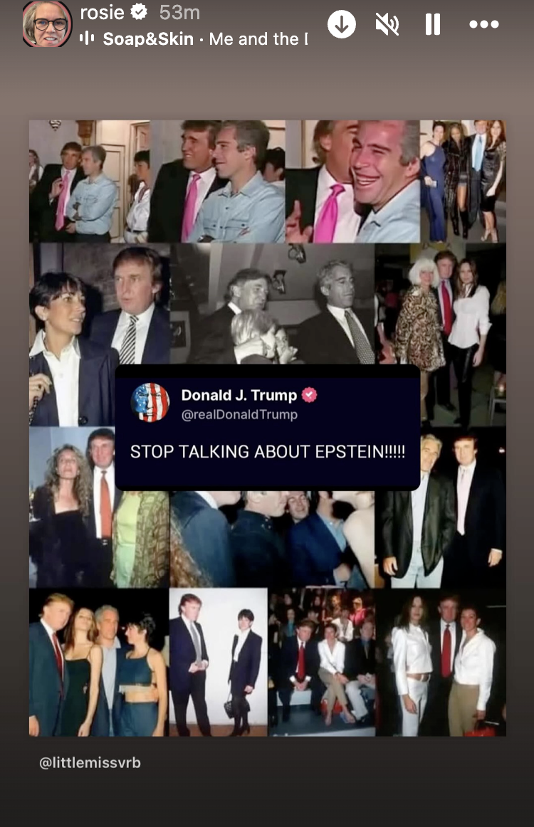 A screenshot of Rosie O'Donnell's Instagram Stories with a Trump/Epstein themed post. 