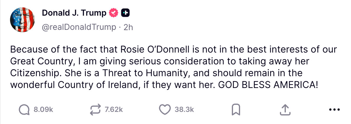 An image of a Trump Truth Social post.