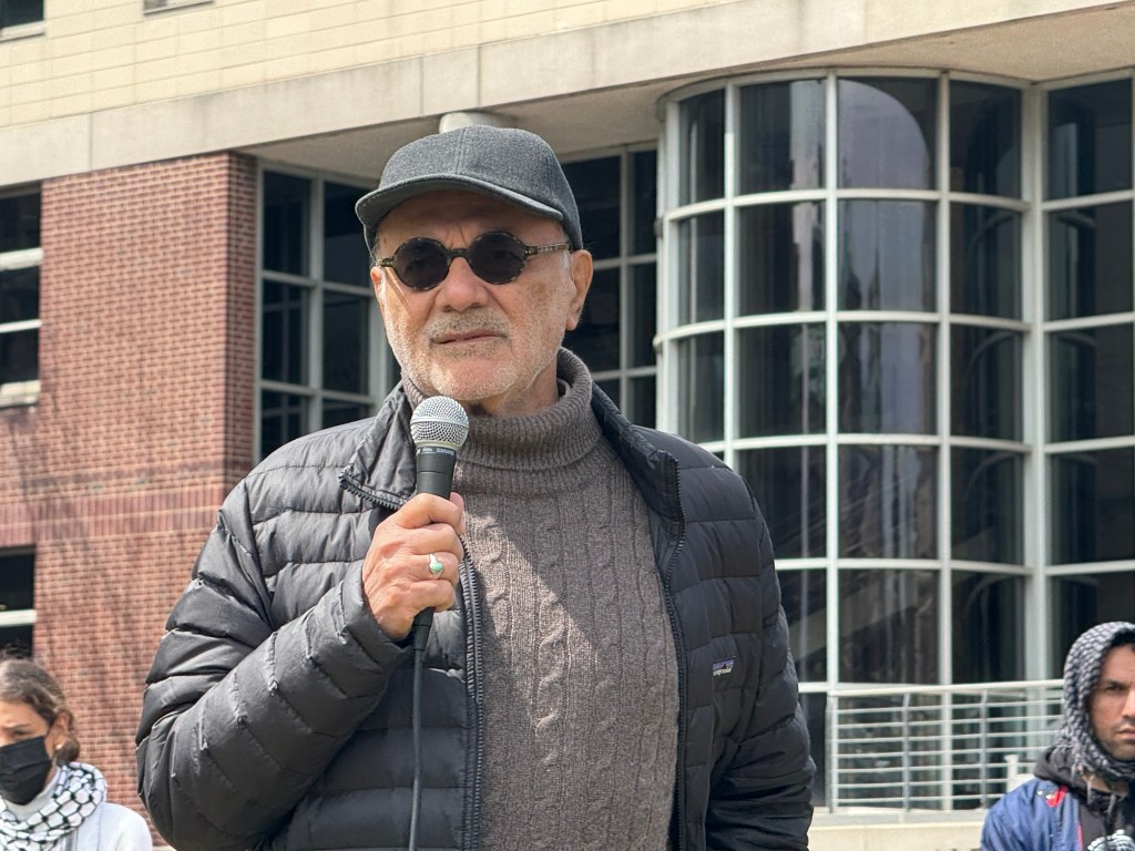 Professor Mahmood Mamdani speaking at a Gaza solidarity protest.