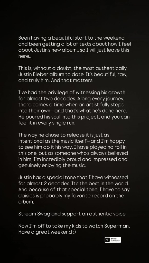 A screenshot of Scooter Braun praising Justin Bieber. 