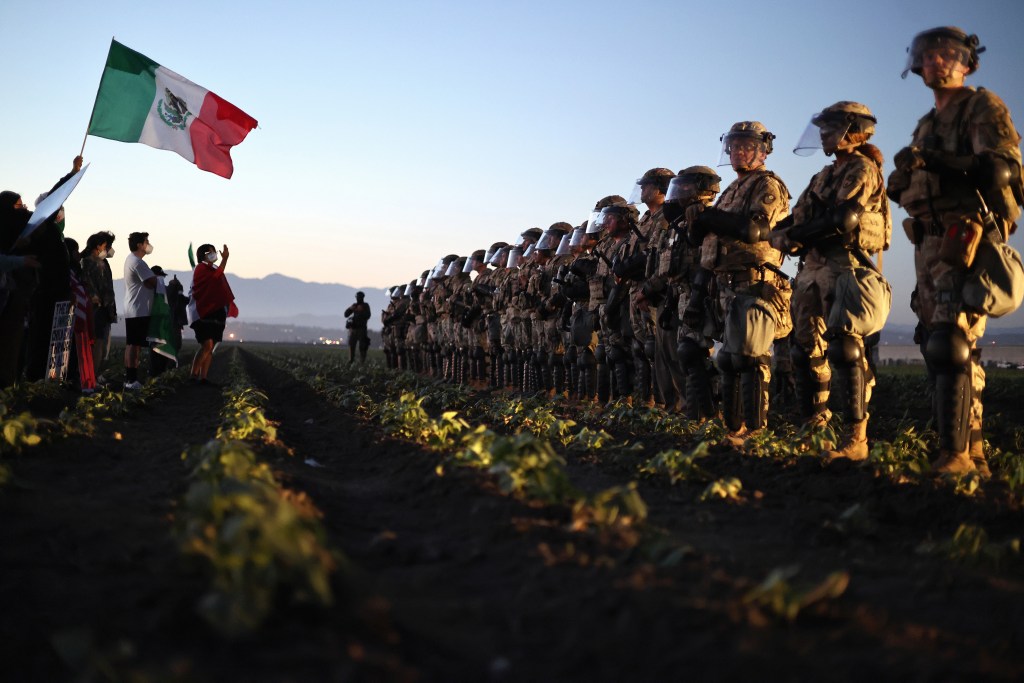 Protestors face off against National Guard soldiers during an ICE raid at a cannabis farm.