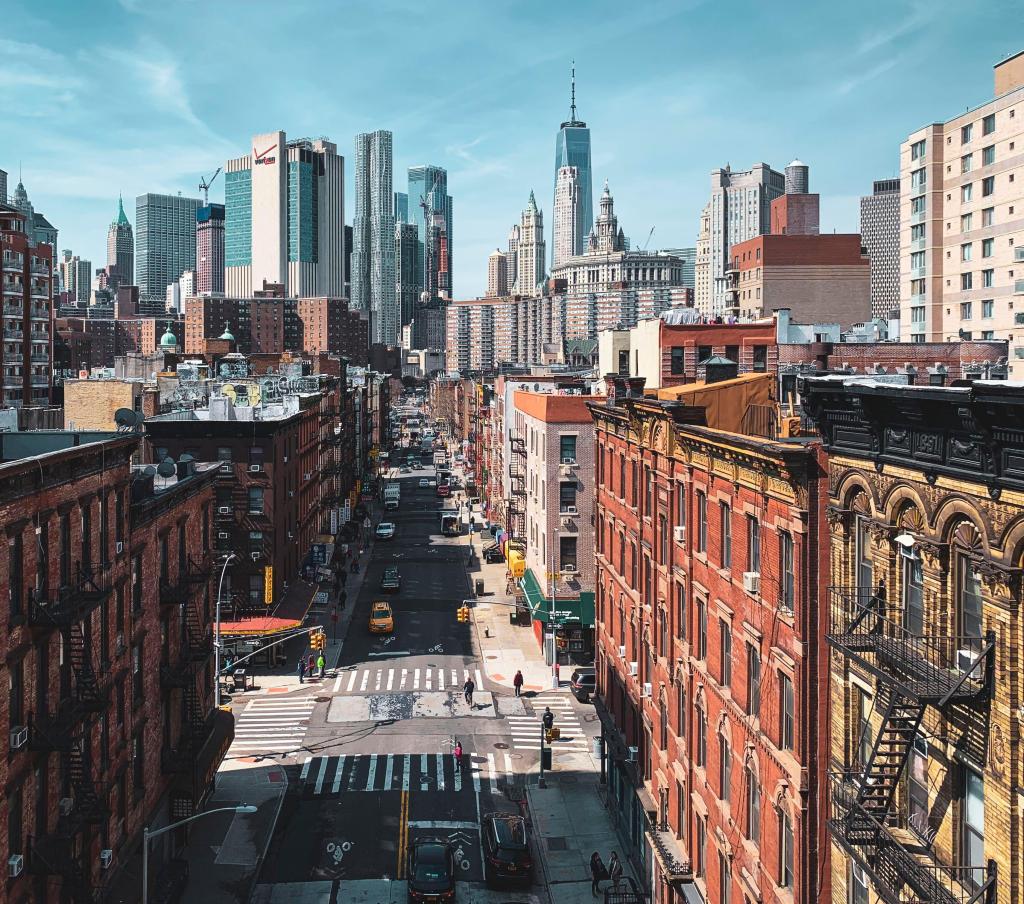 Madison Street from above with skyline in the background, Two Bridges, Manhattan, New York City