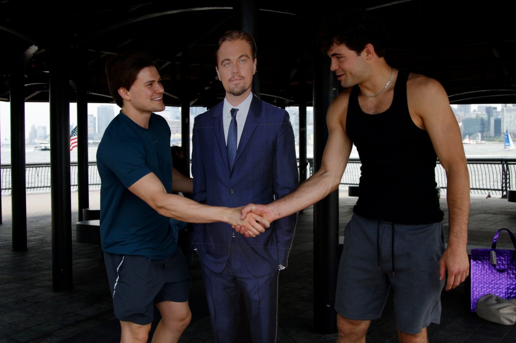 David Flanigan and Nick Fine shake hands at Leonardo DiCaprio lookalike contest