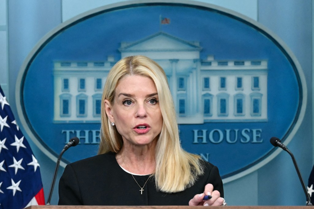 Pam Bondi speaking at a White House press briefing.