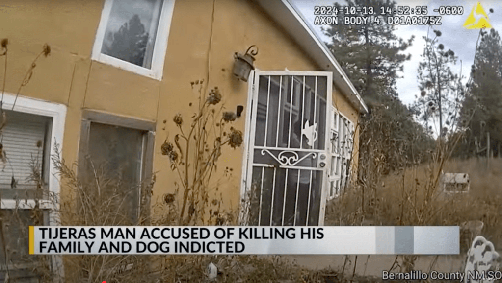 Screenshot of a house exterior with a news chyron about a man indicted for killing his family and dog.