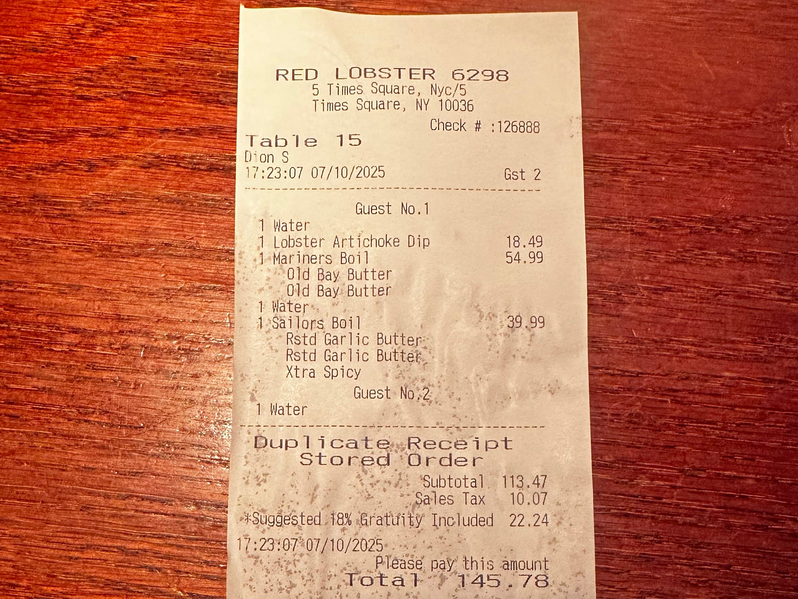 Red Lobster receipt
