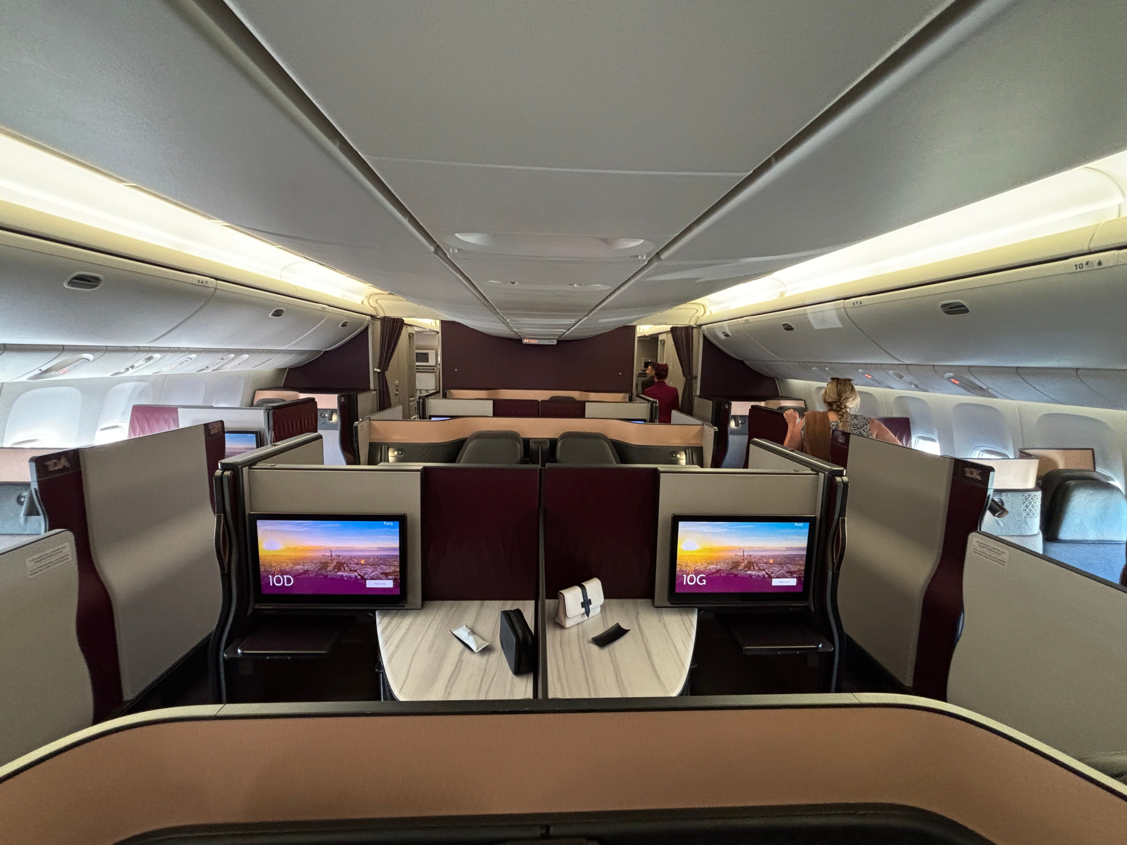 A view of the business class cabin on a Qatar Airways Boeing 777