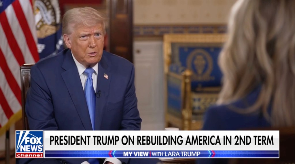 President Trump interviewed on Fox News discussing rebuilding America during a second term.