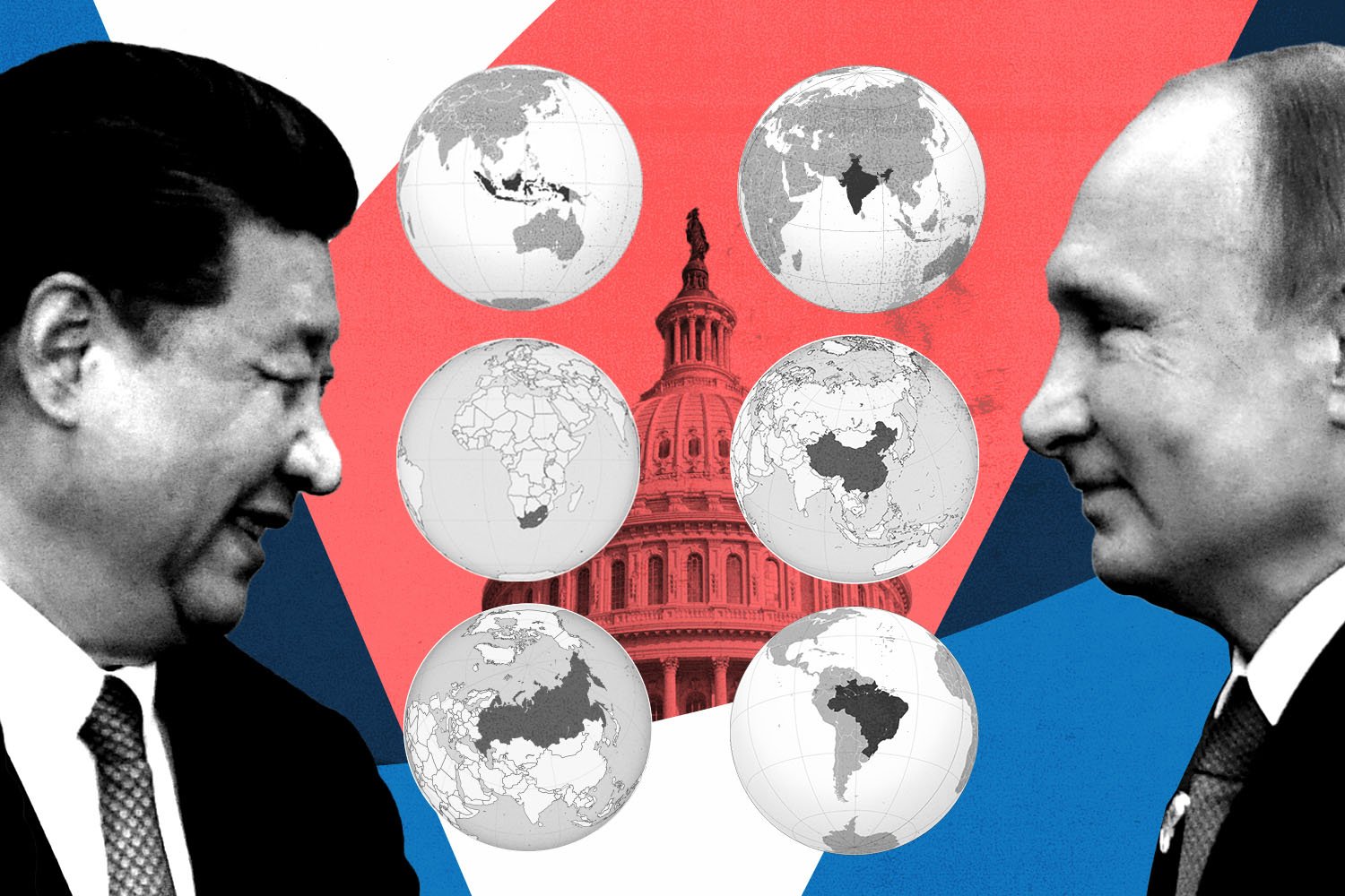 A photo illustration of Xi and Putin smiling at each other with the U.S. Capitol building in the background and mpas of BRICS countries in the foreground.