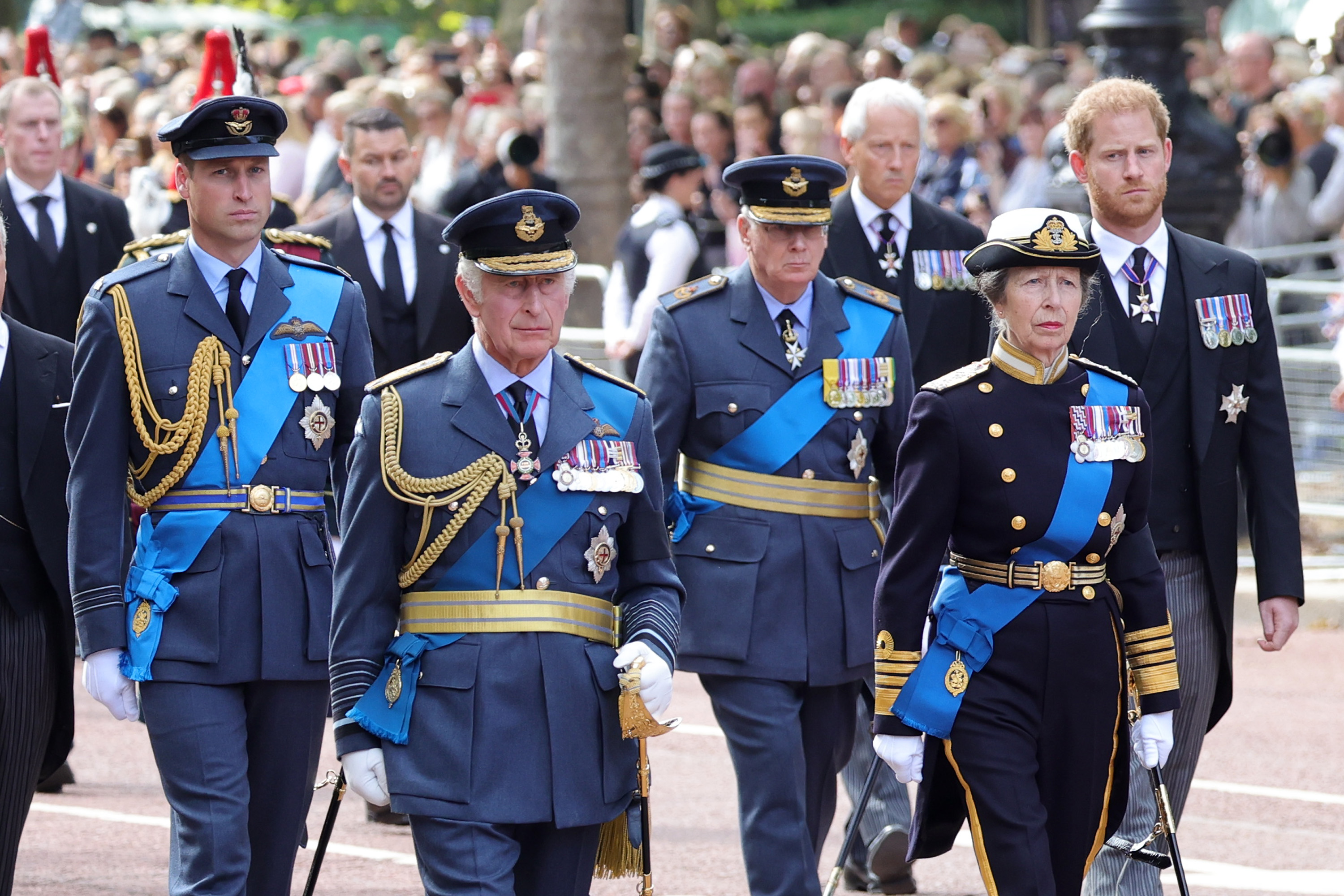 Prince Harry, Prince William, King Charles III, Prince Richard, Princess Anne at the Lying-in State of Queen Elizabeth II in 2022