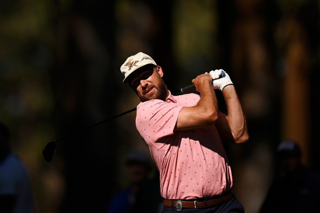 Travis Kelce plays his shot from the second tee box during the second round of the American Century Championship at Edgewood Tahoe Golf Course on July 12, 2025 in Stateline, Nevada.