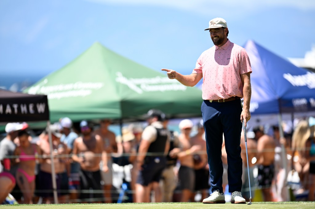 Travis Kelce reacts on the 17th hole during the second round of the American Century Championship at Edgewood Tahoe Golf Course on July 12, 2025 in Stateline, Nevada.