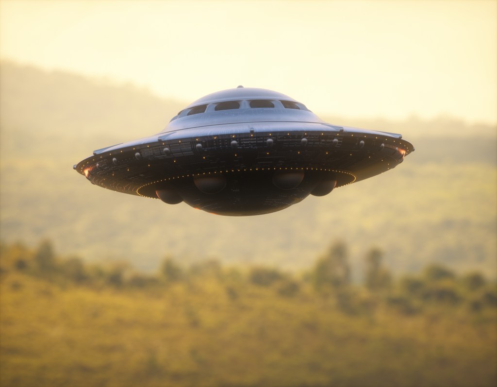 3D illustration of a UFO over mountain ranges.
