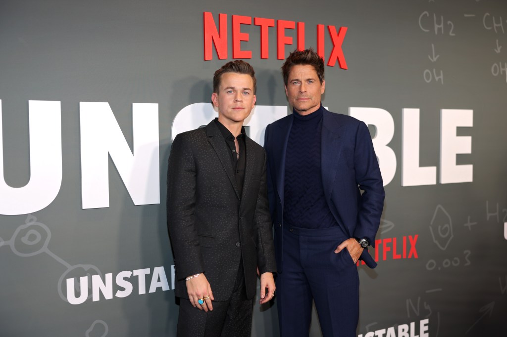 John Owen Lowe and Rob Lowe attend the Netflix Unstable S1 premiere at Netflix Tudum Theater on March 23, 2023 in Los Angeles, Calif.