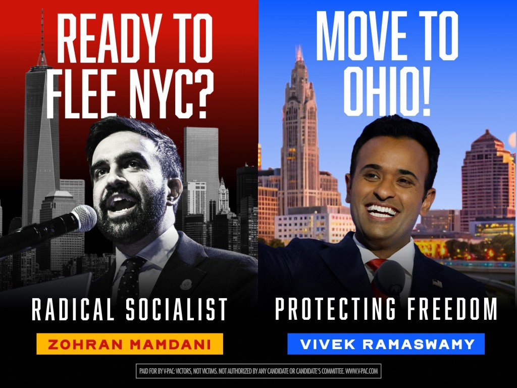 Illustration of a political ad comparing Zohran Mamdani and Vivek Ramaswamy.