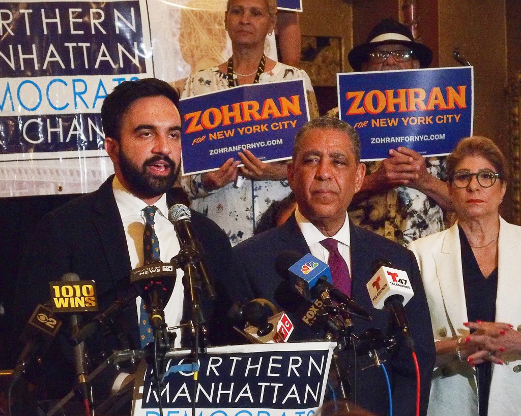 Zohran Mamdani, Democratic mayoral nominee, at a press conference with Congressman Adriano Espaillat.