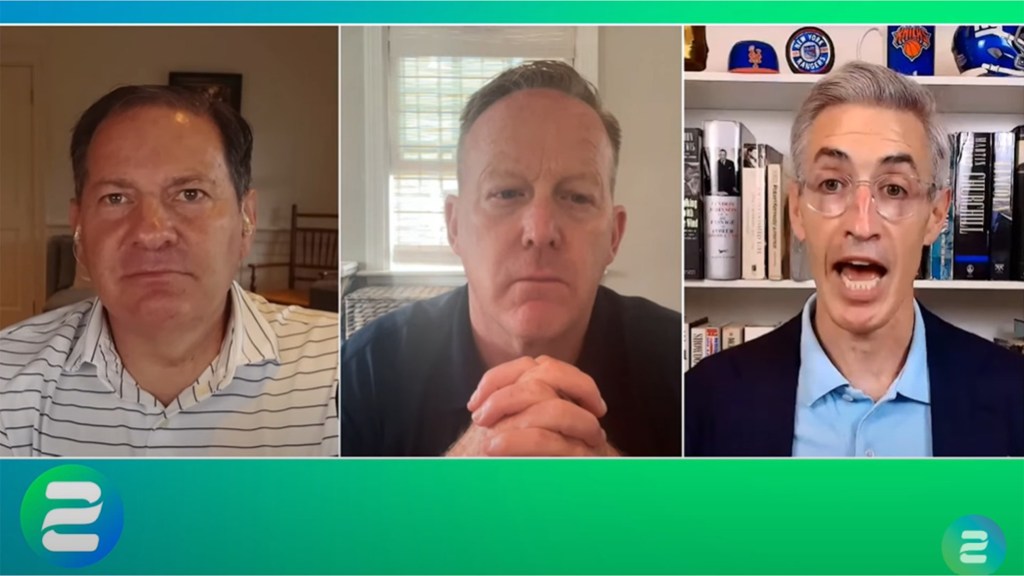 Three podcast hosts, Mark Halperin, Sean Spicer, and Dan Turrentine, in video conference.