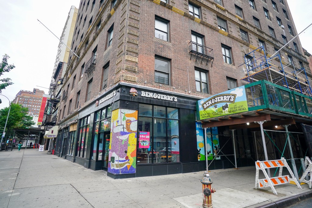 Ben & Jerry's ice cream shop with scaffolding.