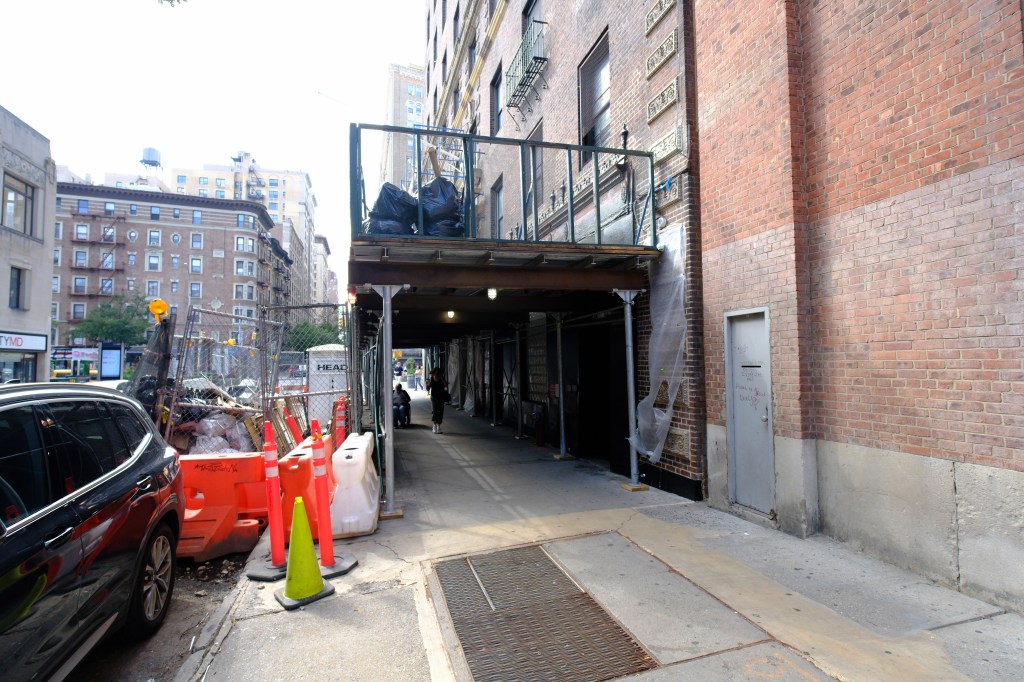 Scaffolding and construction materials outside a building at 2720 Broadway in Manhattan.