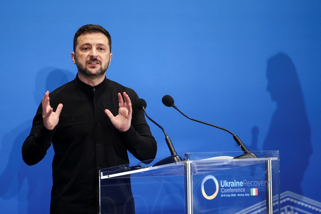 Volodymyr Zelenskyy speaking at a press conference at the Ukraine Recovery Conference in Rome.