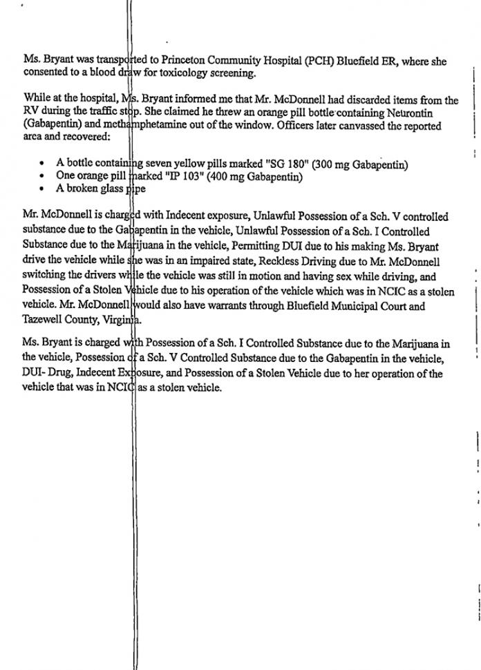 Police report detailing charges against two individuals for drug possession, DUI, and other offenses related to a stolen RV.