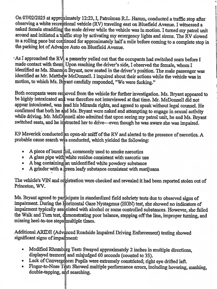 Police report detailing a traffic stop where a naked couple was found in a stolen RV, allegedly under the influence of narcotics.