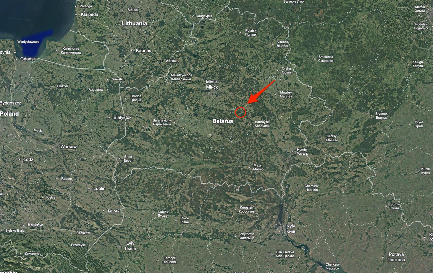 A screenshot of a map points to the rough location of Asipovichy.