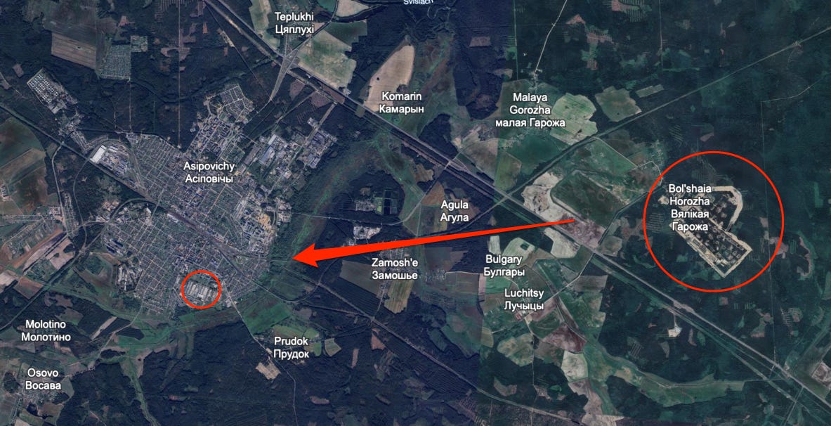Annotations on a Google Earth screenshot show the 1,405th Ammunition base and a Asipovichy city.